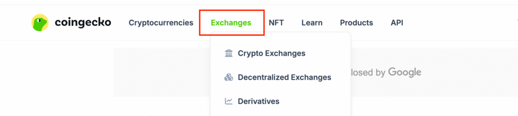 CoinGecko Exchanges page showing centralized, decentralized, and derivative exchanges tabs