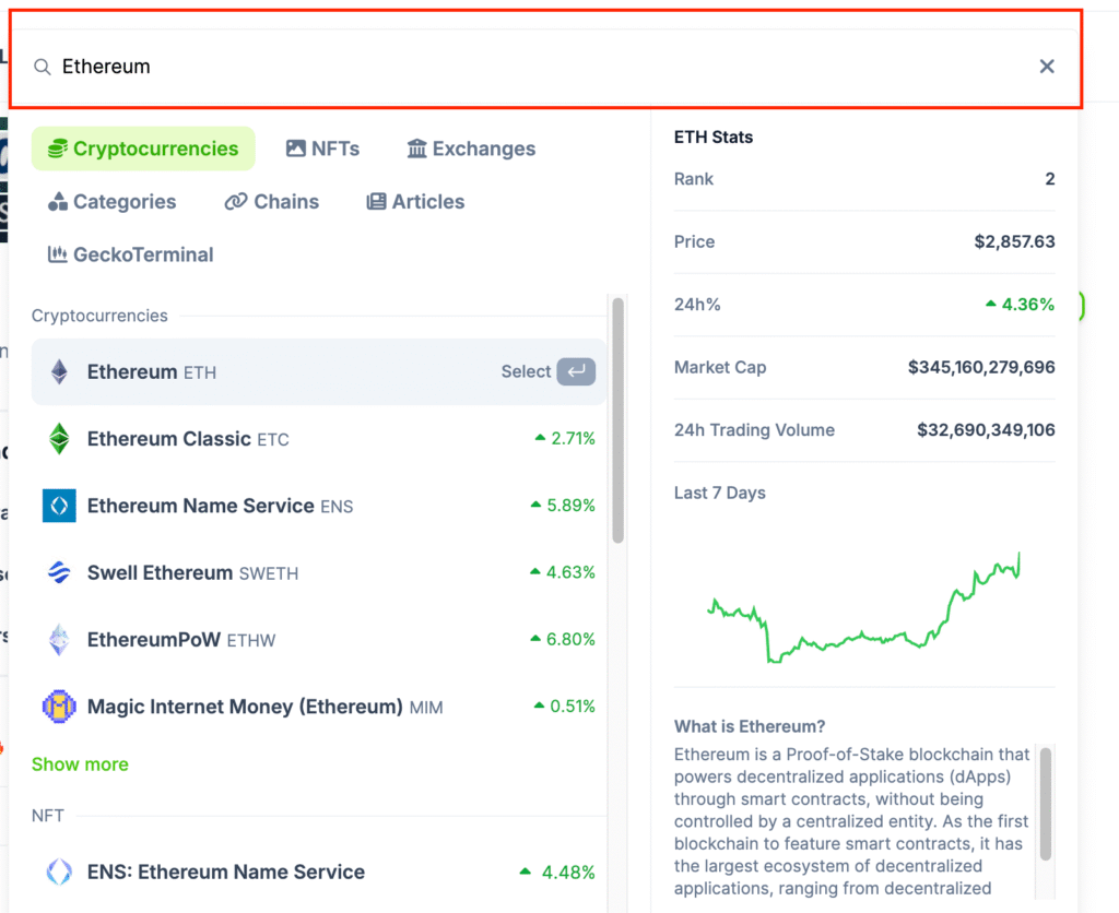 CoinGecko search bar with suggestions showing Ethereum