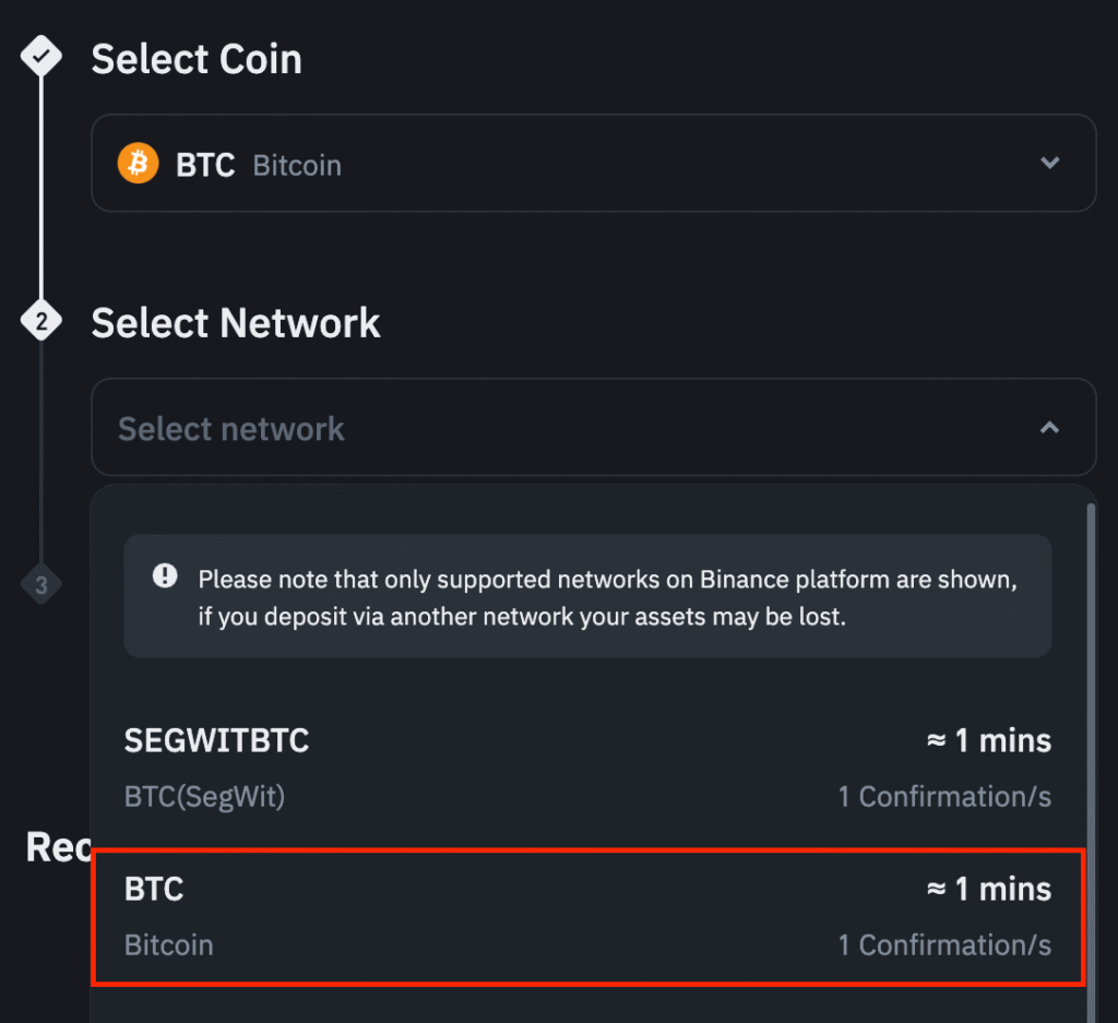 Binance Bitcoin Network Selection