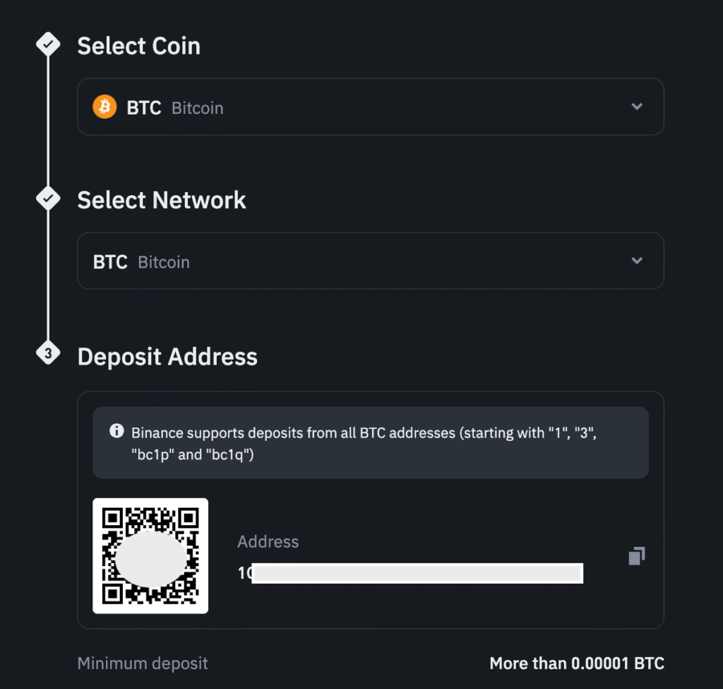 Binance Bitcoin Address and QR Code