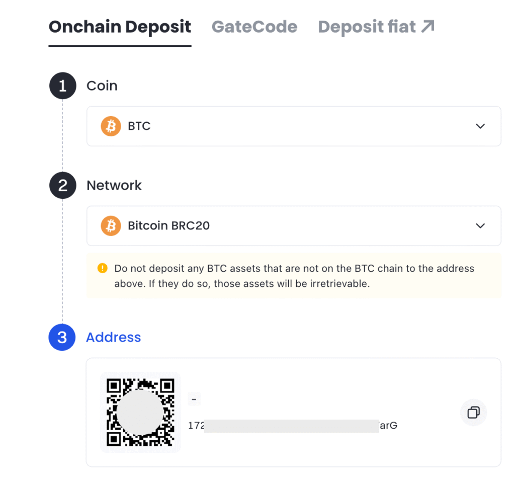 Gate.io Bitcoin Address and QR Code