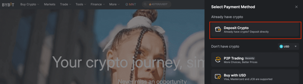 Bybit deposit menu showing Deposit Crypto and other options