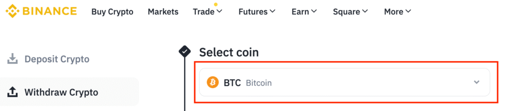 Binance withdraw Crypto screen with Bitcoin selected