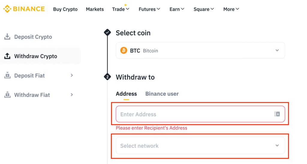 Binance withdraw page with Address and Network fields