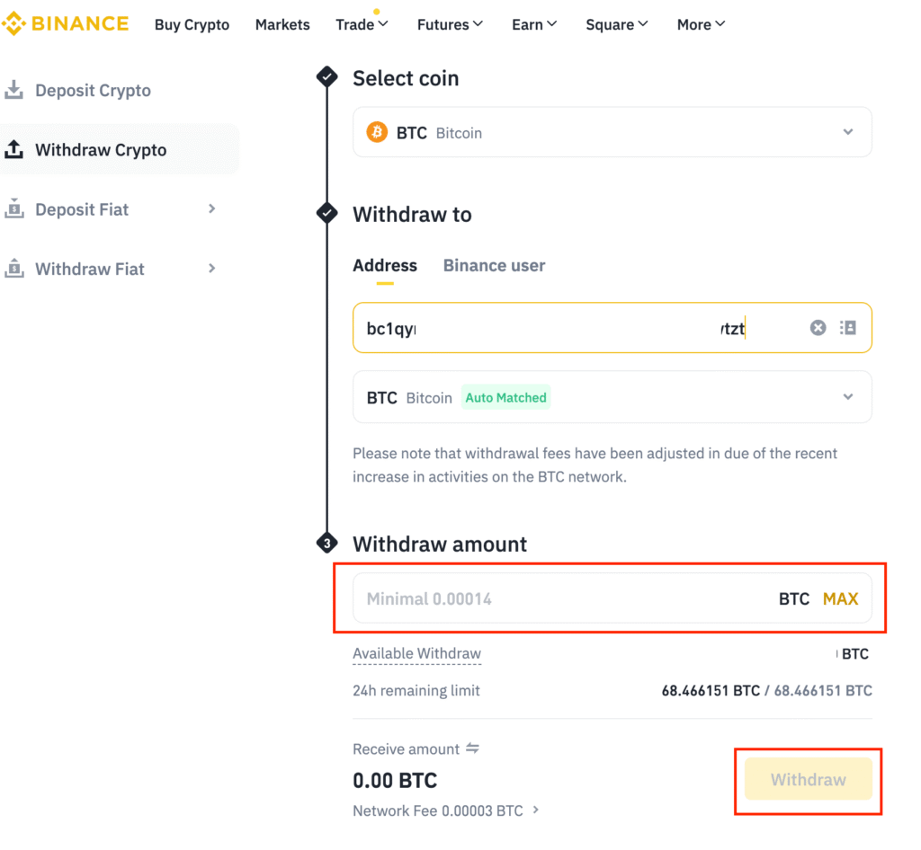 Binance withdraw page with Amount field showing fee and Withdraw