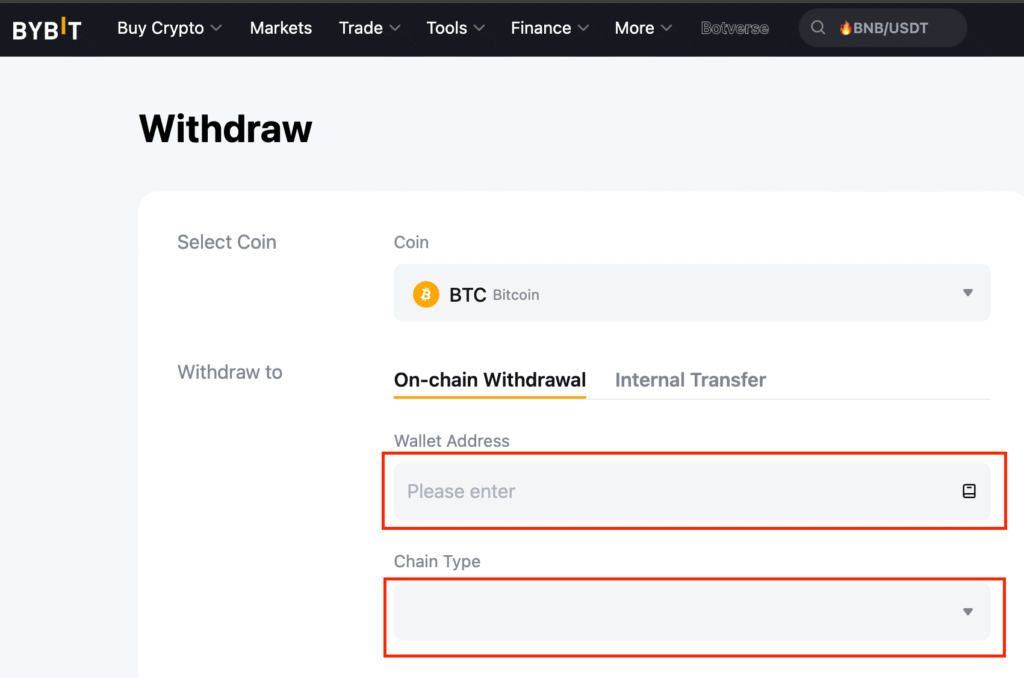 Bybit withdraw enter Bitcoin address and select BTC network