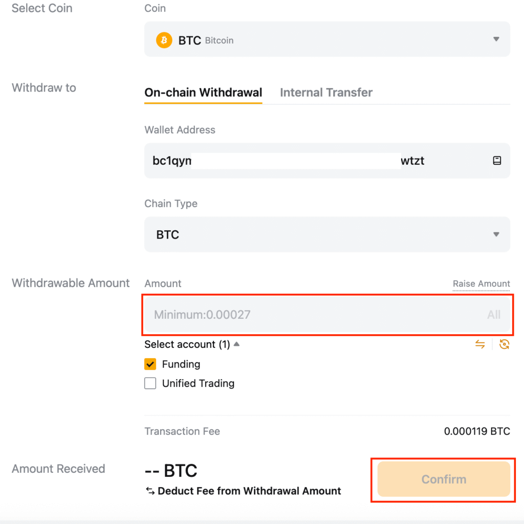 Bybit withdraw enter amount confirm Bitcoin transfer