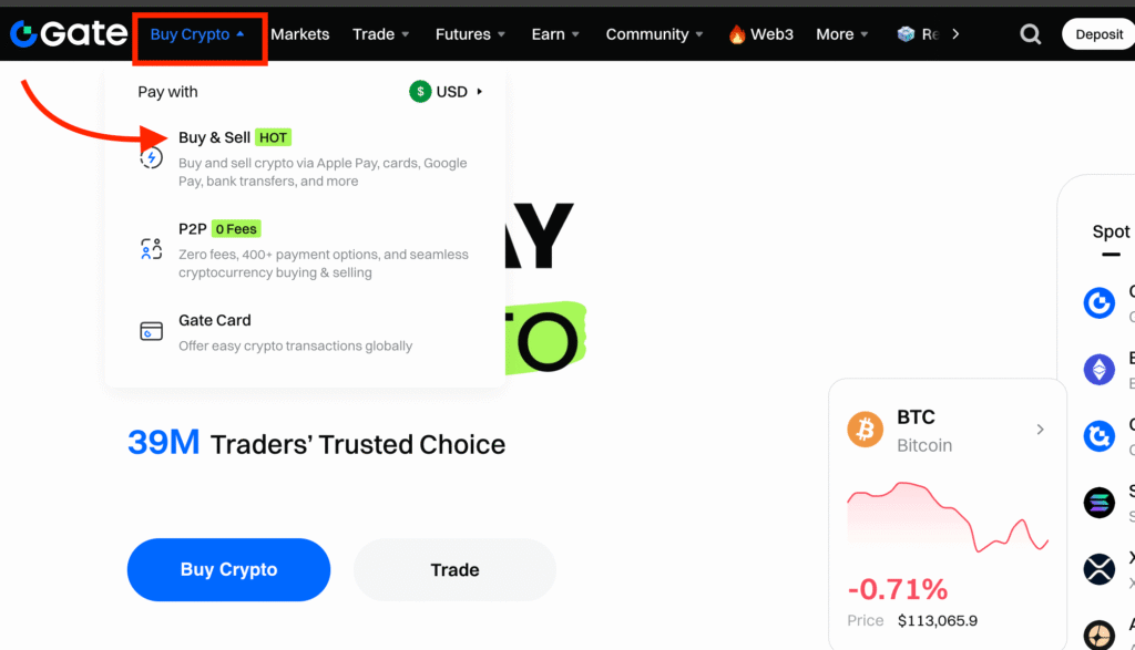 Click Buy Crypto on Gate homepage to begin purchasing Bitcoin