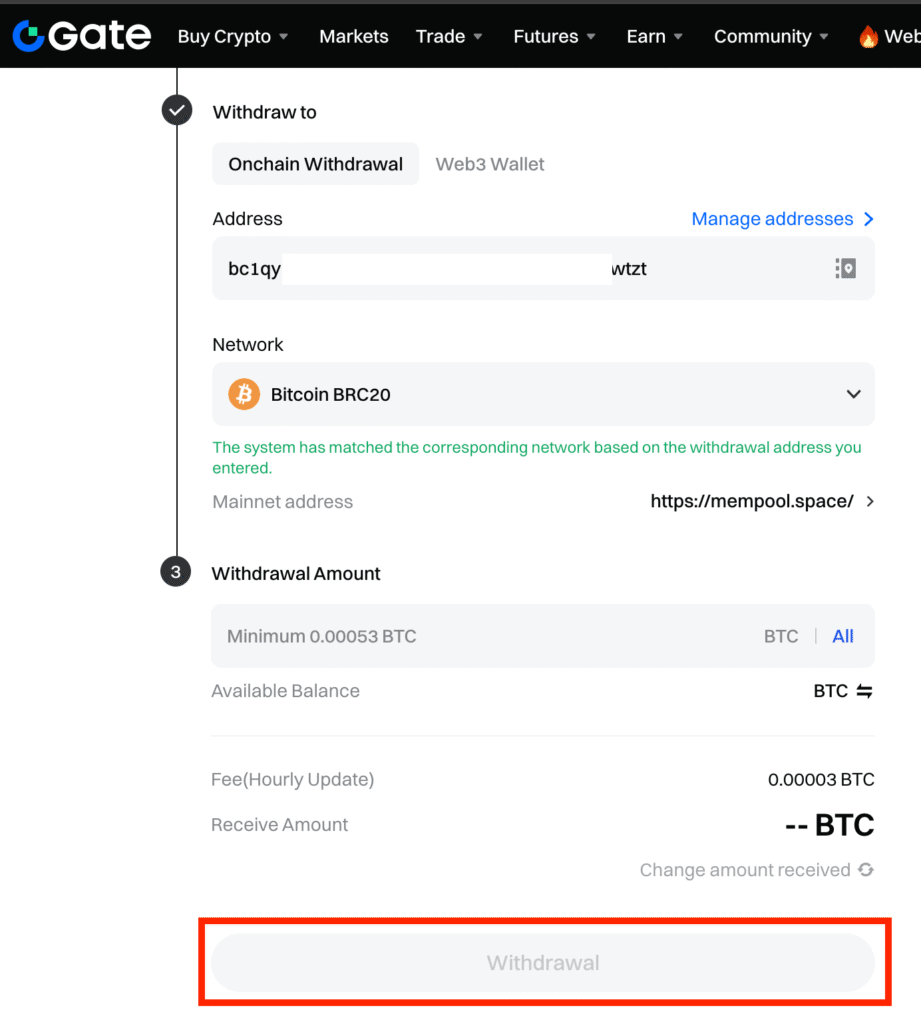 Confirm withdrawal amount, check fees, and send Bitcoin from Gate