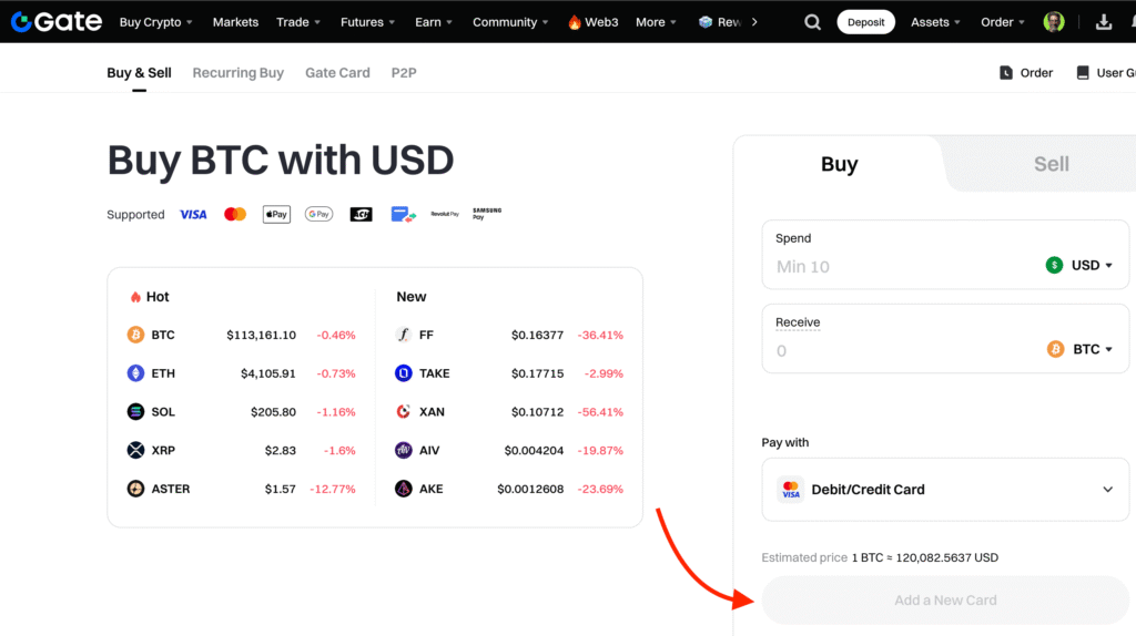 Enter purchase amount, add payment card, and confirm Bitcoin buy on Gate