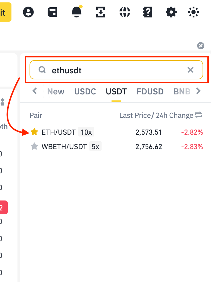 Binance Spot trading page where you search or select a trading pair like ETH/USDT