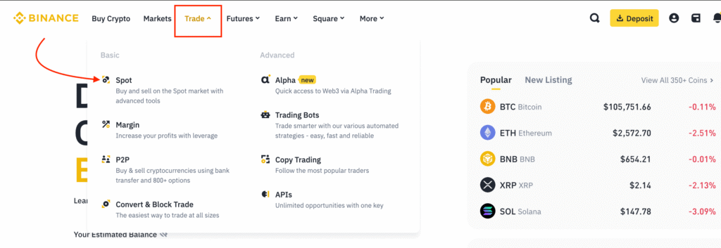 Binance homepage showing where to click Trade > Spot