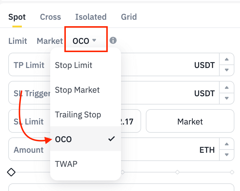 Binance trading panel showing the OCO tab selected in the order box