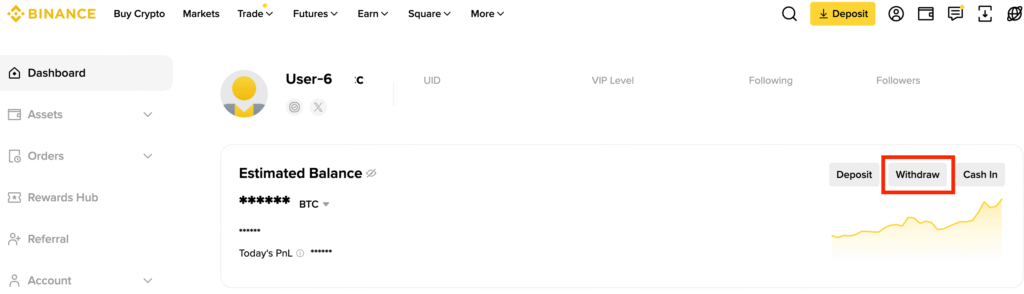 Binance dashboard showing Withdraw button in the wallet section
