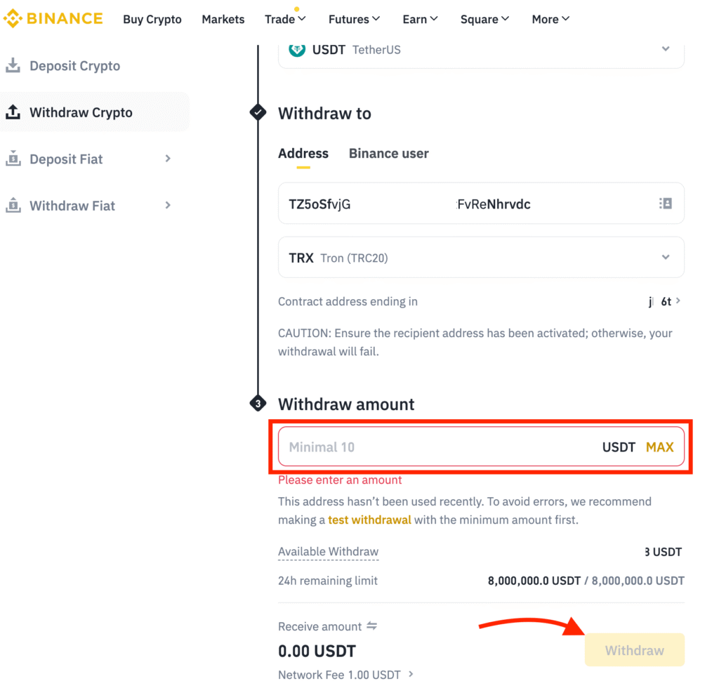 Binance USDT Withdrawal to Bybit Confirmation Screen Showing Amount, Fee, and Withdraw Button