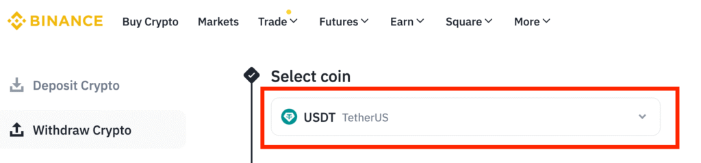 Binance Withdraw Page Select USDT