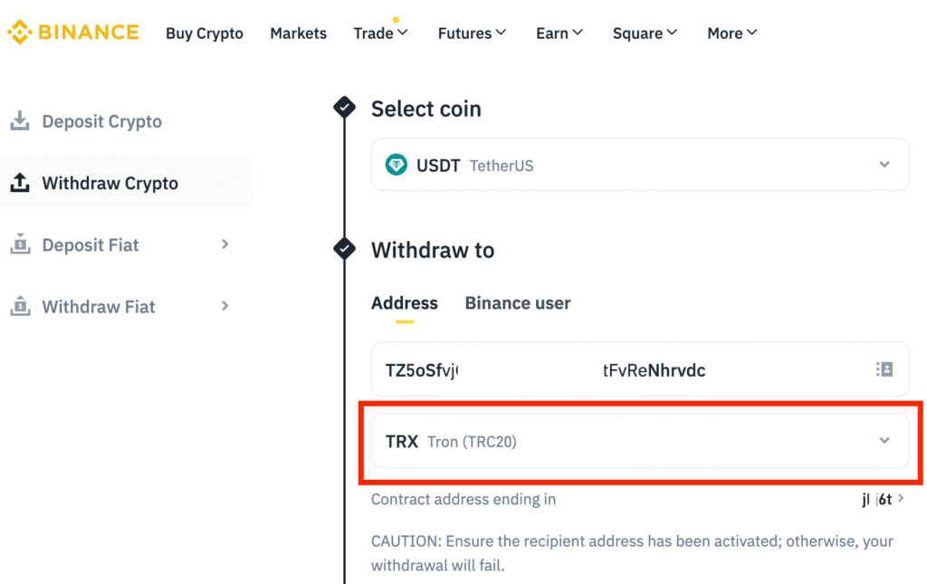 Binance Withdrawal Network Selection Showing TRC20 USDT Selected