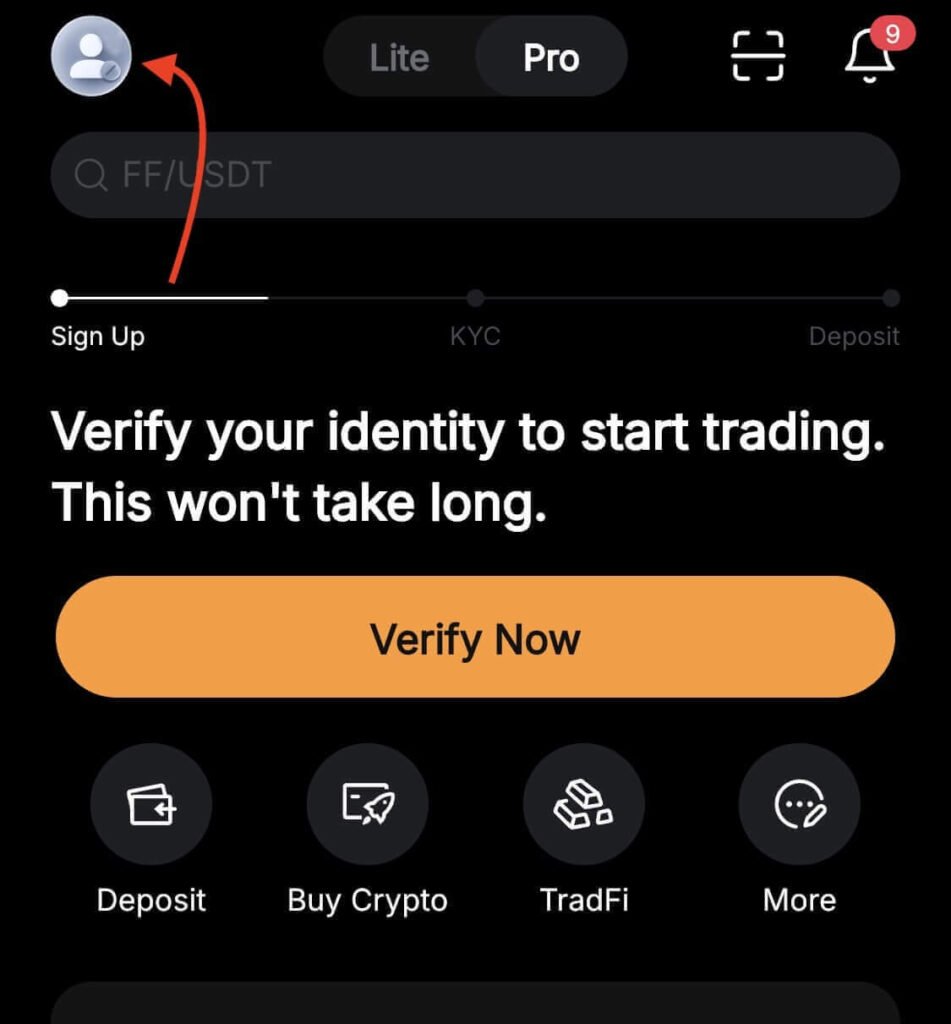 Bybit App Homepage Showing the Profile Icon to Start KYCa Verification Process