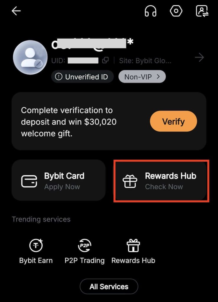 Bybit App Profile Tab With Rewards Hub Option Highlighted