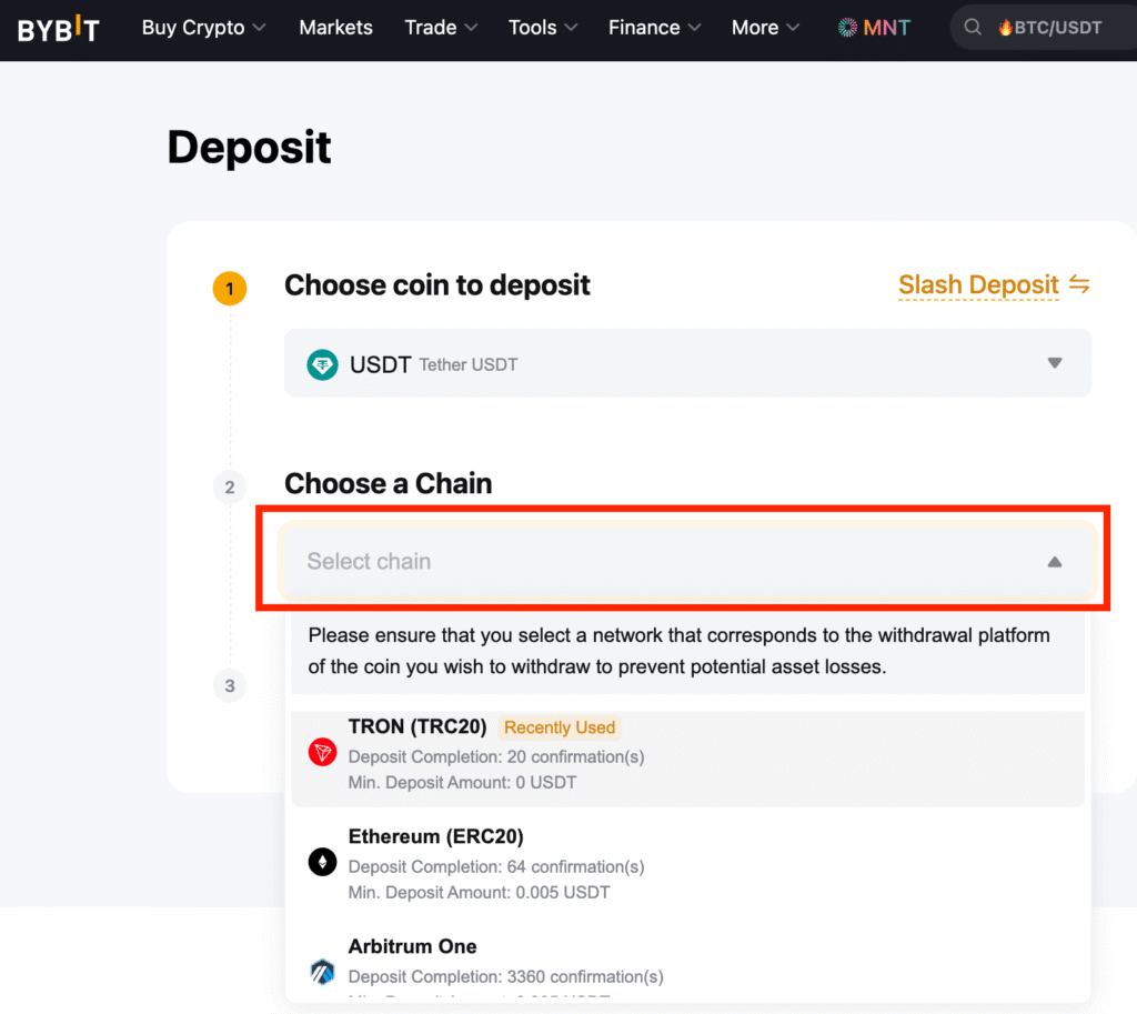 Bybit Chain Type Selection TRC20 ERC20 BEP20