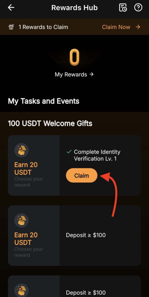 Bybit Rewards Hub Screen Showing Welcome Bonus Available to Claim After KYC Verification