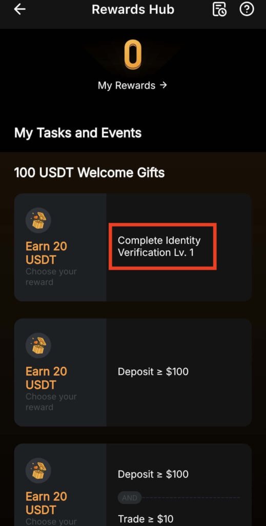 Bybit Rewards Hub Showing Complete Identity Verification Lv.1 Task