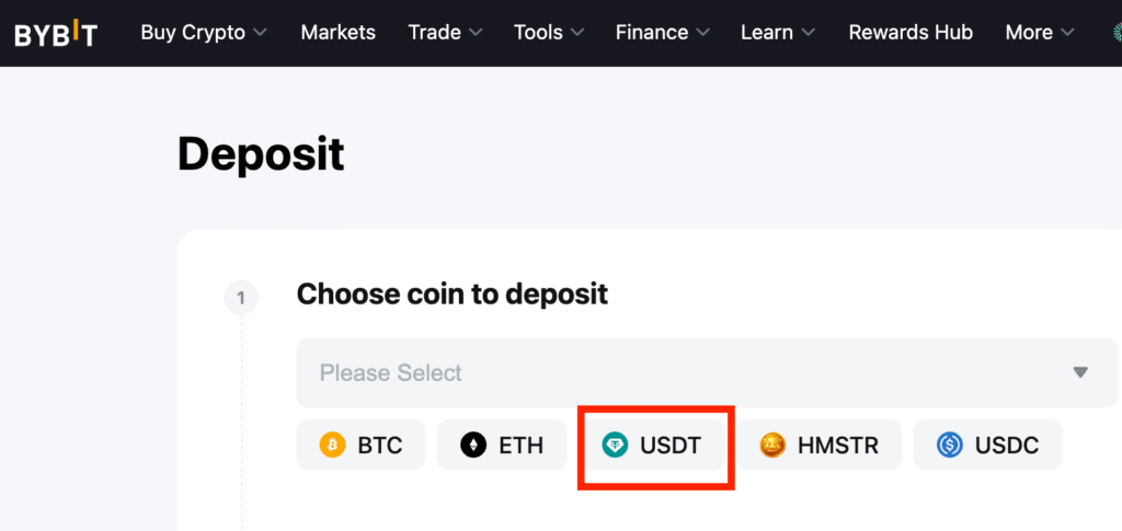 Bybit USDT Deposit Coin Selection