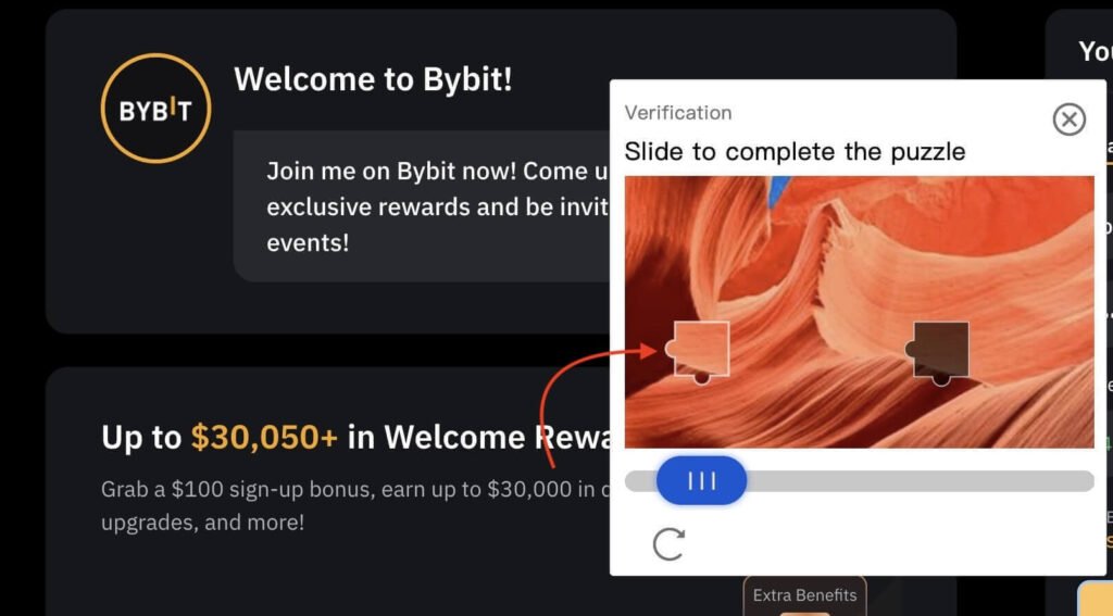 Bybit captcha slider verification showing a user dragging the puzzle piece into place to confirm they’re human