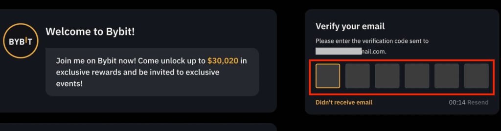 Bybit verification screen prompting entry of a 6-digit code sent to the user’s email or phone