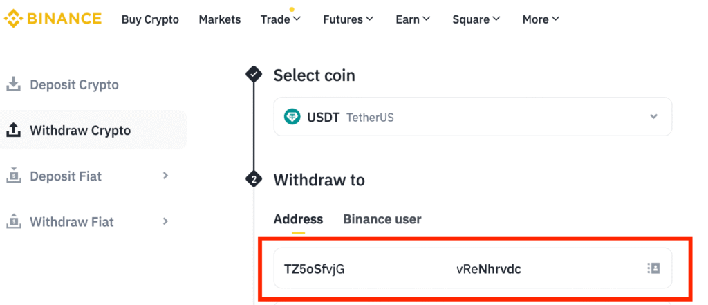 Paste Bybit USDT Deposit Address on Binance