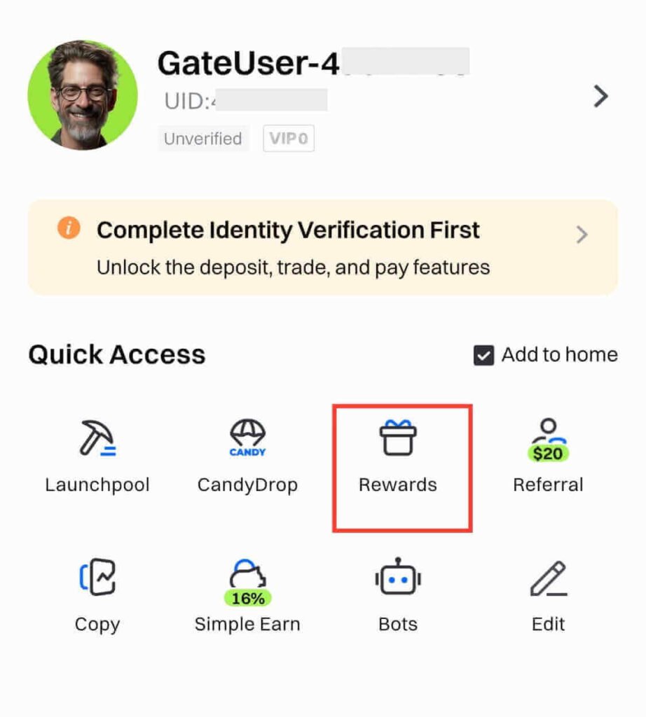 Gate.io app quick access page showing the Rewards option used to start identity verification