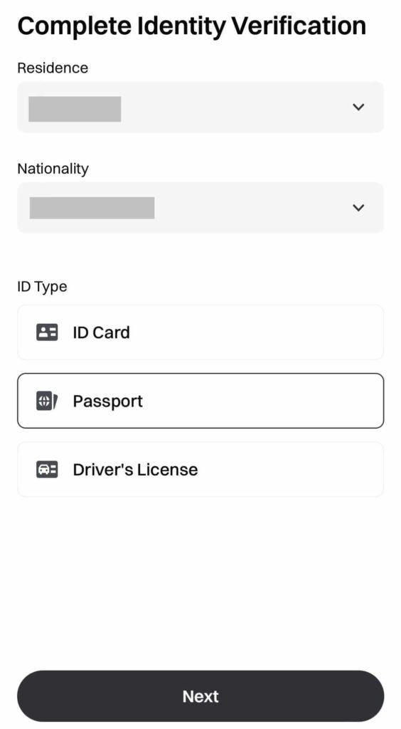Gate.io identity verification page showing dropdown menus for country of residence, nationality, and ID type