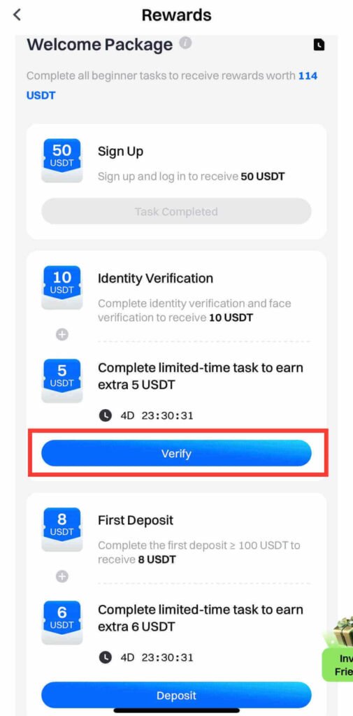 Gate.io rewards page showing beginner tasks with the Identity Verification option and Verify button