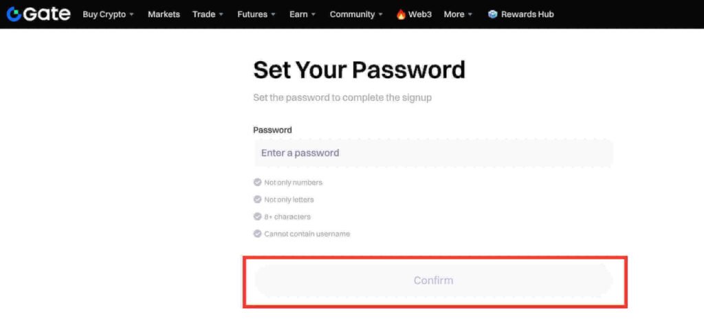 Gate.io page where you create and confirm your account password