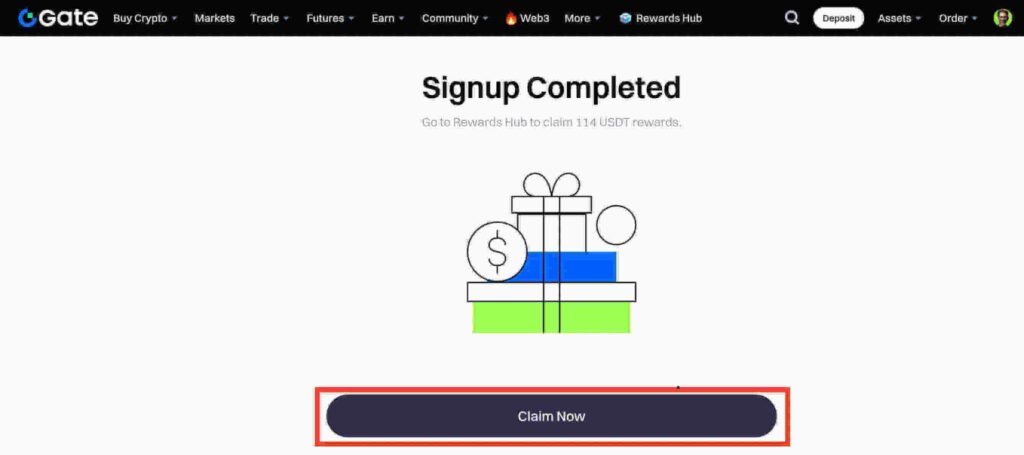 Gate.io sign up completed screen showing a prompt to go to Rewards Hub to claim reward