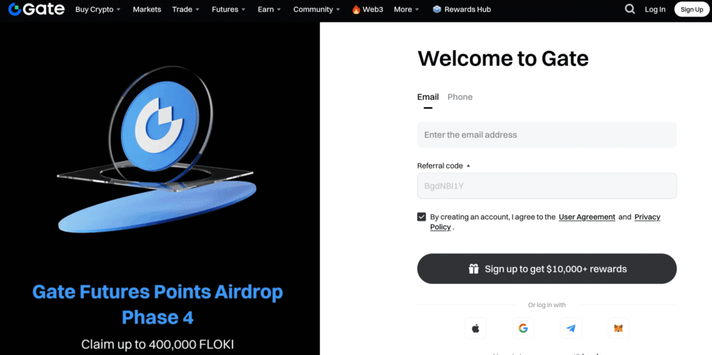 Gate.io sign up page asking for email or phone number to create an account