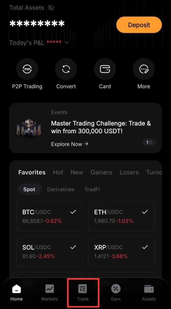 Tapping the Trade button on the Bybit home screen to start placing a Limit Order on Bybit Spot
