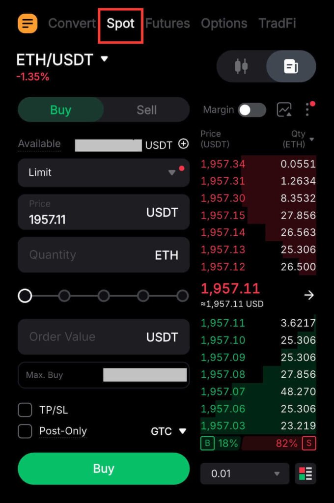 Selecting the Spot tab on the Bybit trading interface to place a Limit Order on Bybit.