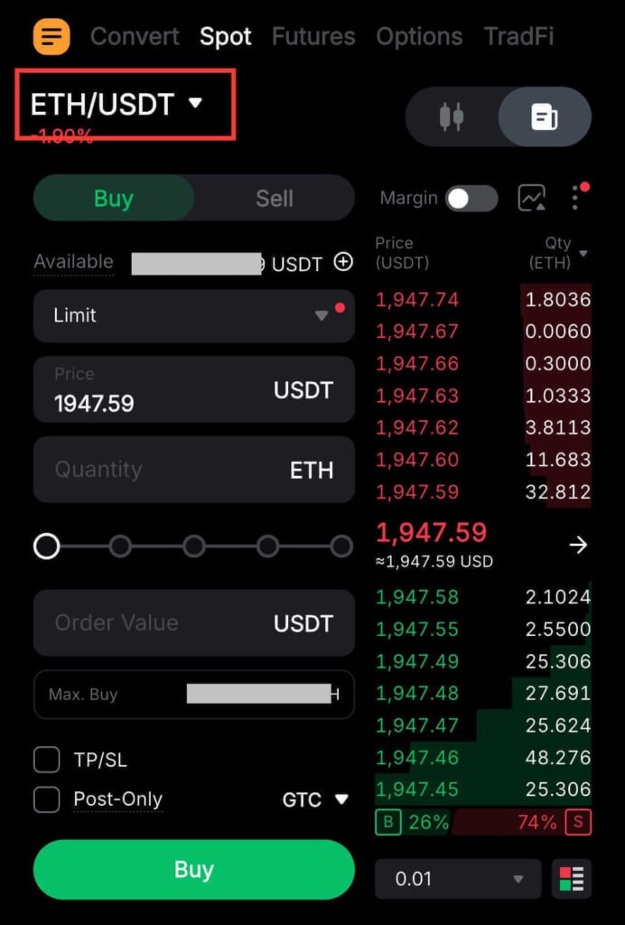 Selecting the ETH/USDT trading pair on the Bybit Spot interface to place a Limit Order on Bybit.
