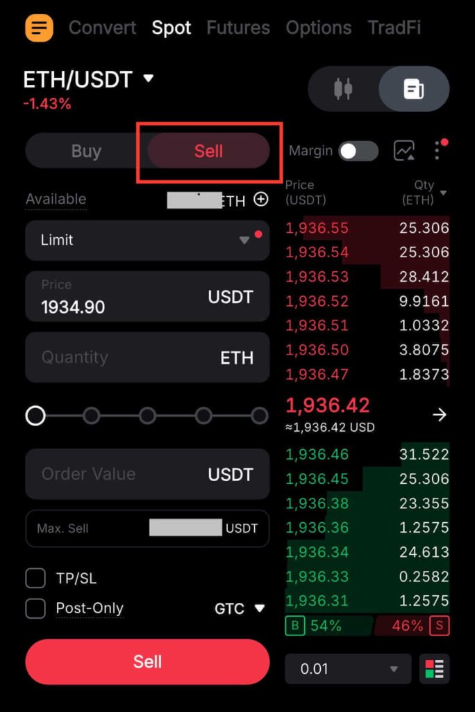 Clicking the Sell button in the Bybit spot trading interface to place a sell limit order.