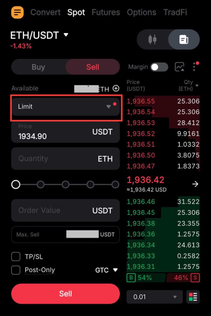 Selecting the Limit order type in the Sell panel on Bybit spot trading interface to create a Sell Limit Order on Bybit.