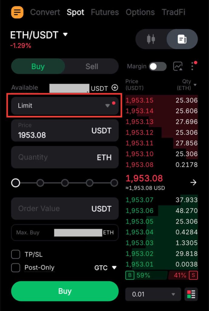 Selecting the Limit order type under the Buy section on the Bybit Spot interface to place a Limit Order on Bybit.