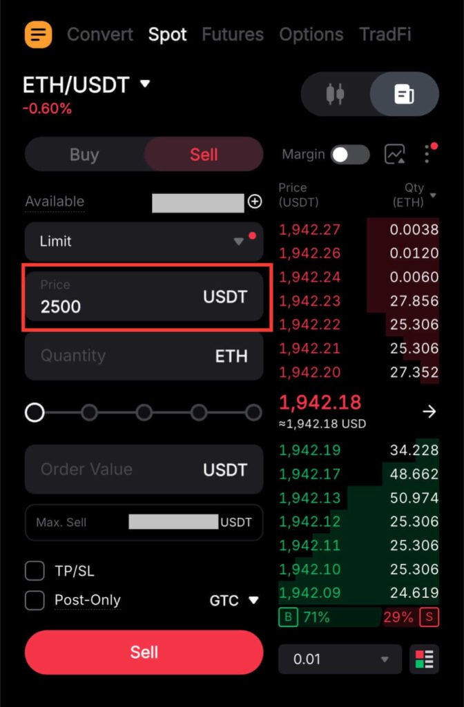 Entering 2500 in the Price field to set a Sell Limit Order on Bybit spot trading interface.