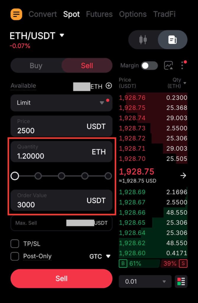 Entering 1.2 ETH in the Quantity field/3000 USDT in Order Value to place a Sell Limit Order on Bybit.
