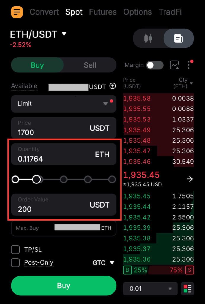 Entering quantity and 200 USDT order value on the Bybit Spot Buy interface to complete a Limit Order on Bybit.