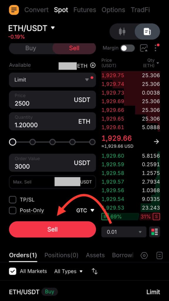 Reviewing trade details and clicking the Sell button to confirm a Sell Limit Order on Bybit spot trading interface.