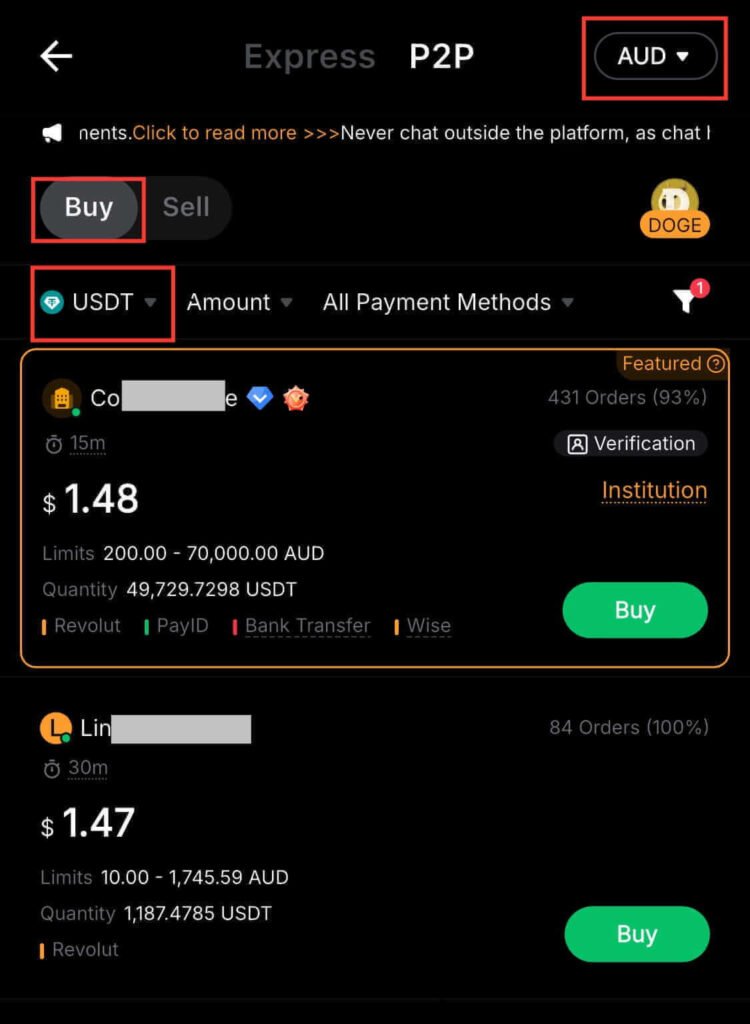 how to select buy USDT on Bybit P2P marketplace showing buy tab and USDT option