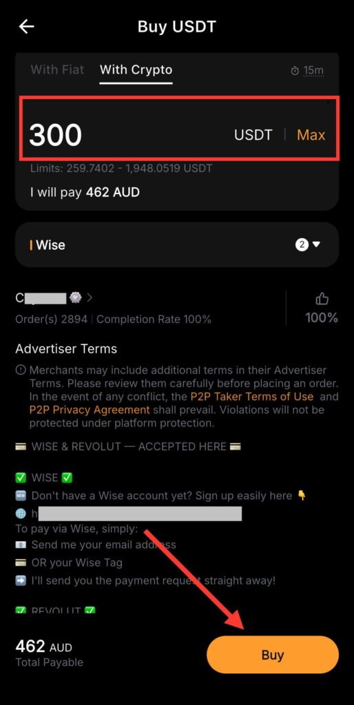 enter USDT amount on Bybit P2P order page