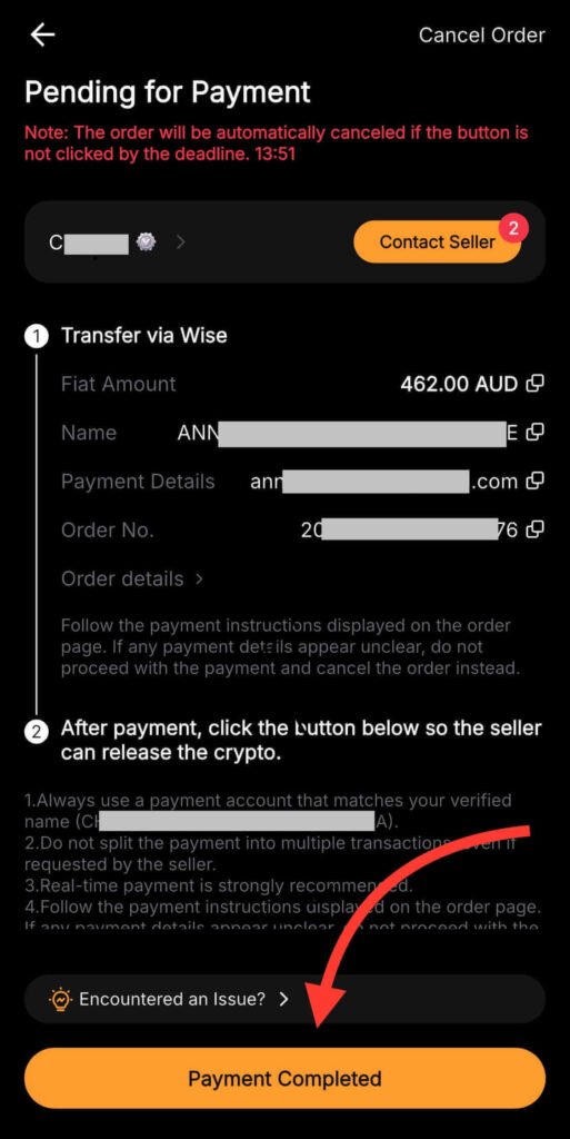mark payment as completed on Bybit P2P pending payment page