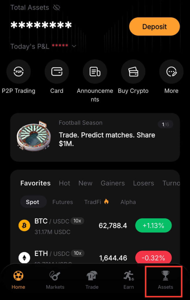 Bybit mobile app homepage showing the Assets button in the bottom navigation menu